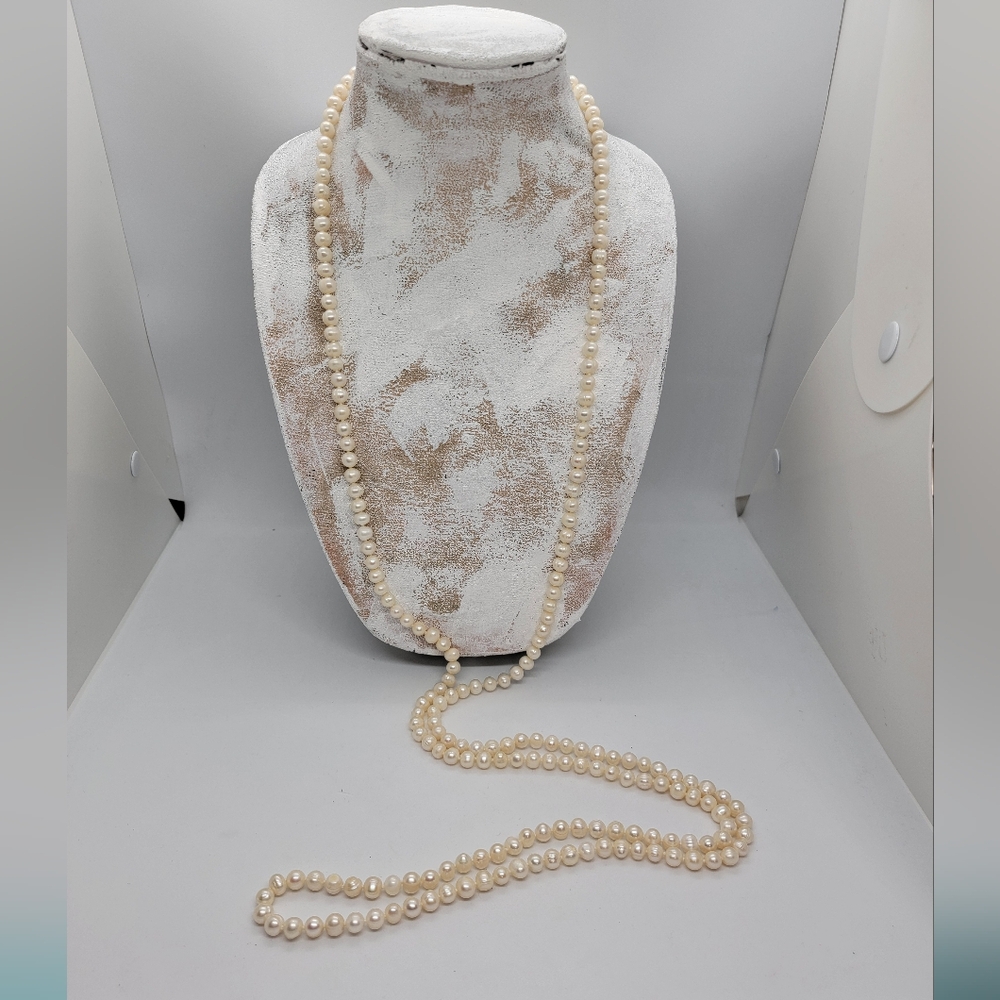 Cream Baroque Genuine Pearl Necklace 32" Drop 6-7 mm Hand Knotted